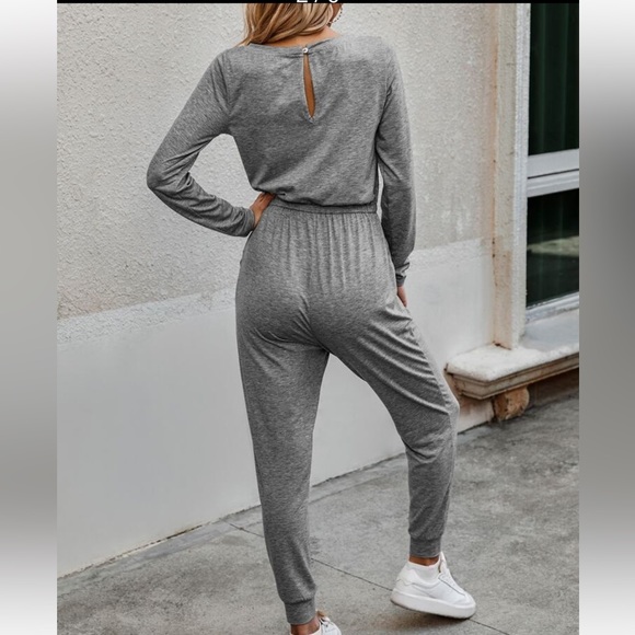 Classic Elegant Asymmetrical Neck Long Sleeve Knot Tie Waist Tee Jumpsuit - Picture 8 of 11